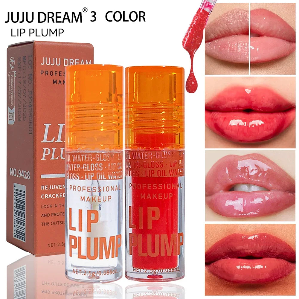3-piece Juju Dream lip oil set with glossy pink and red plumping lip balm for hydrated, shiny, long-lasting lip makeup.