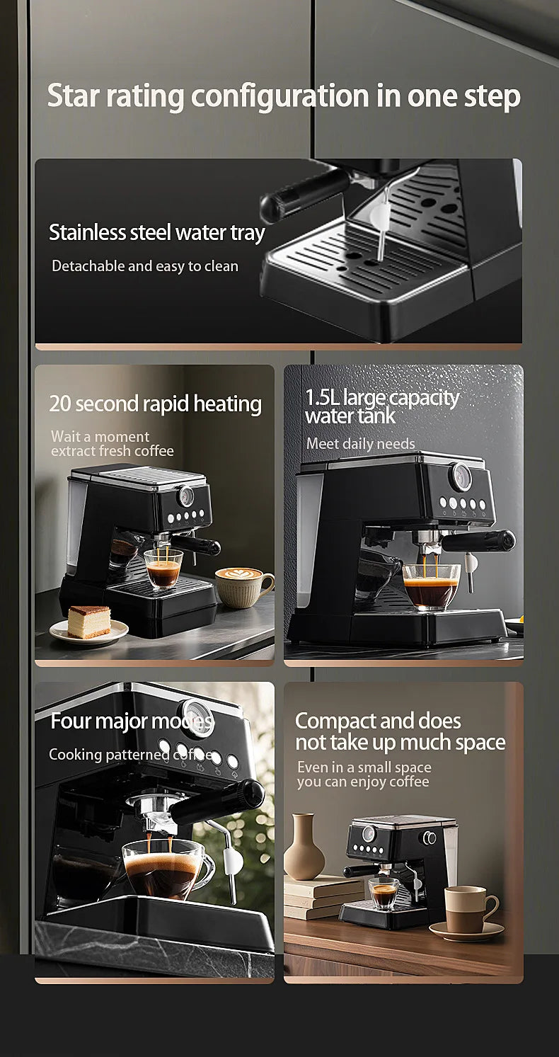 Black espresso coffee machine with 1.5L tank, stainless steel tray, and compact design for home coffee brewing.