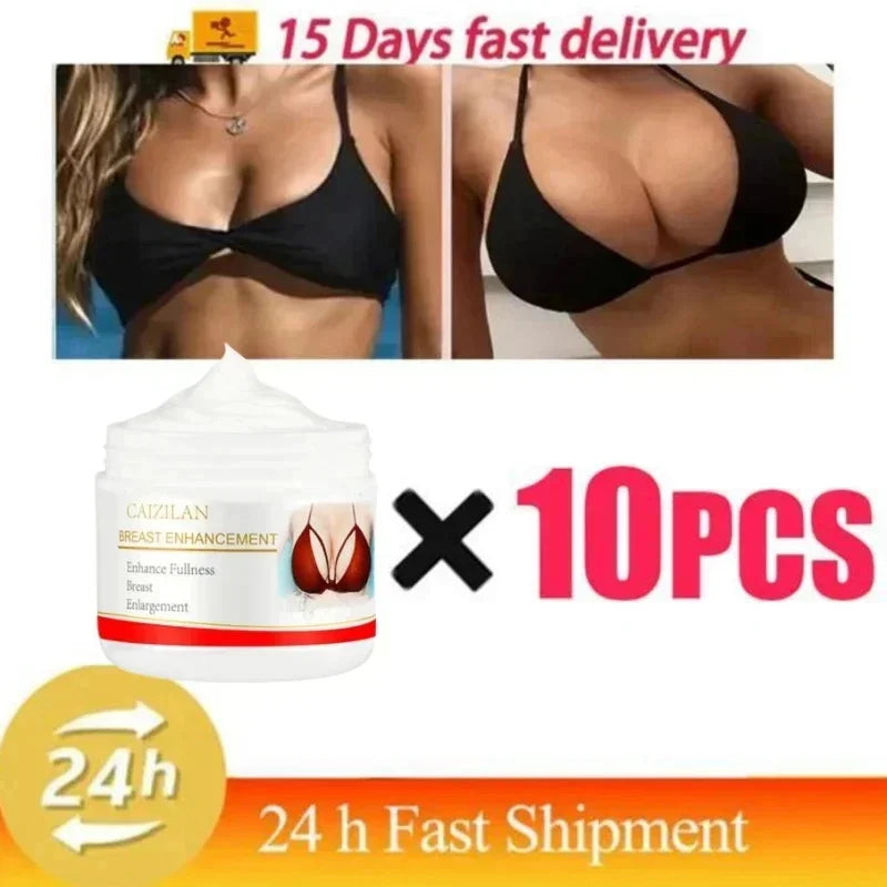White cream jar for breast enhancement with red label and sealed lid.