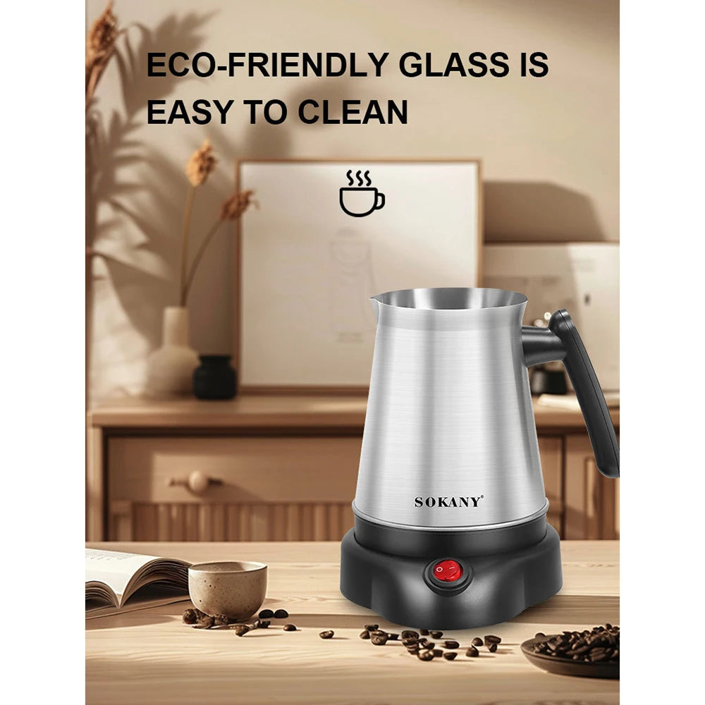 Sokany stainless steel electric coffee maker with black base and handle on a wooden table.