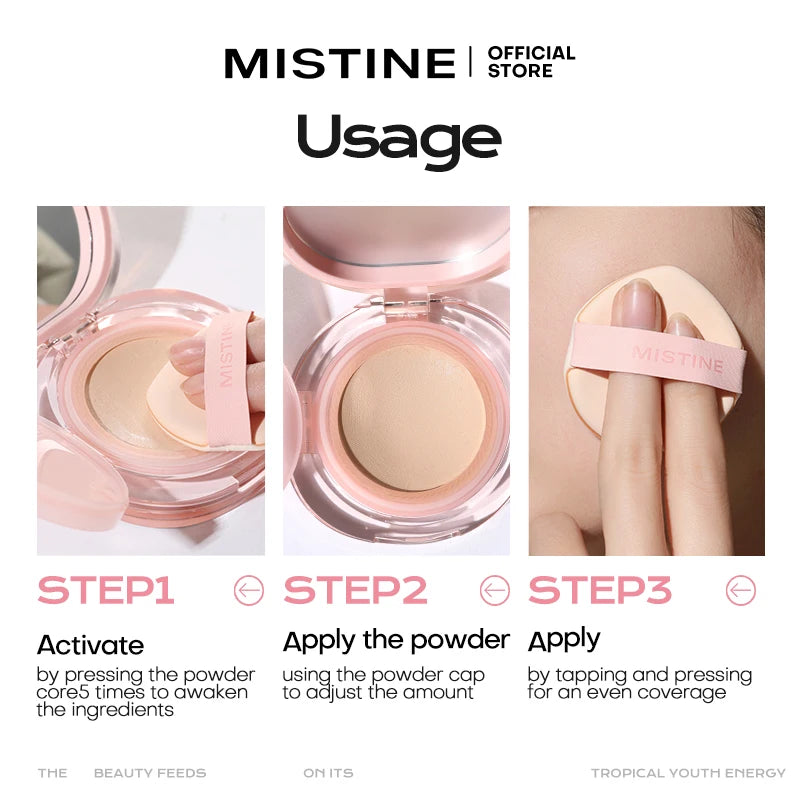 Tidesmit Mistine air cushion foundation texture close-up showing dewy finish moisturizing coverage for combination skin