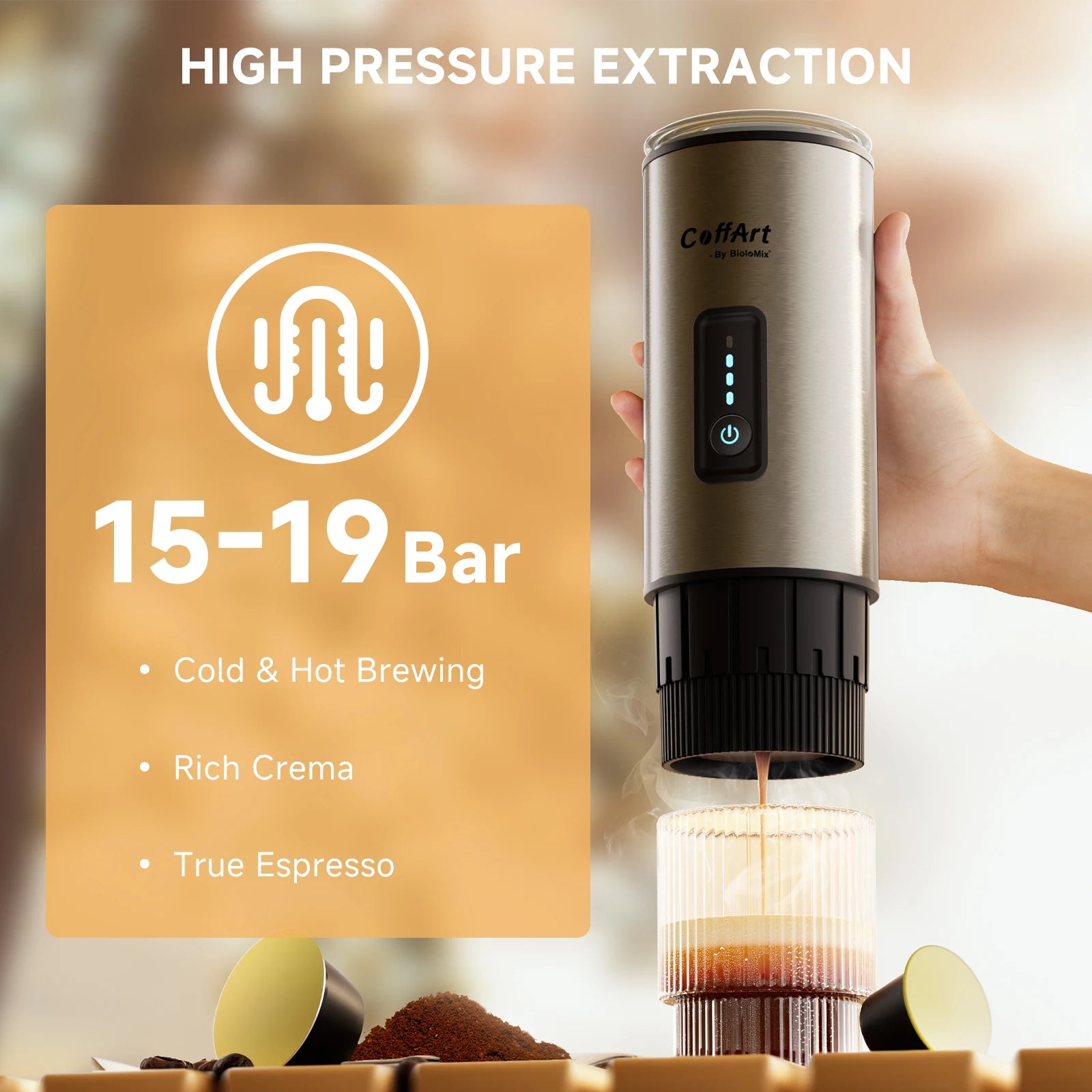 CoffArt by BioloMix portable espresso maker in silver stainless steel, featuring 15-19 bar high pressure extraction.