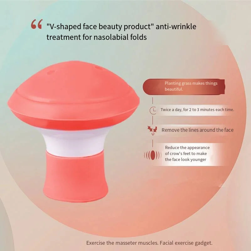Mushroom-shaped silicone facial exerciser in red and white for anti-wrinkle treatment, shown with instruction text.