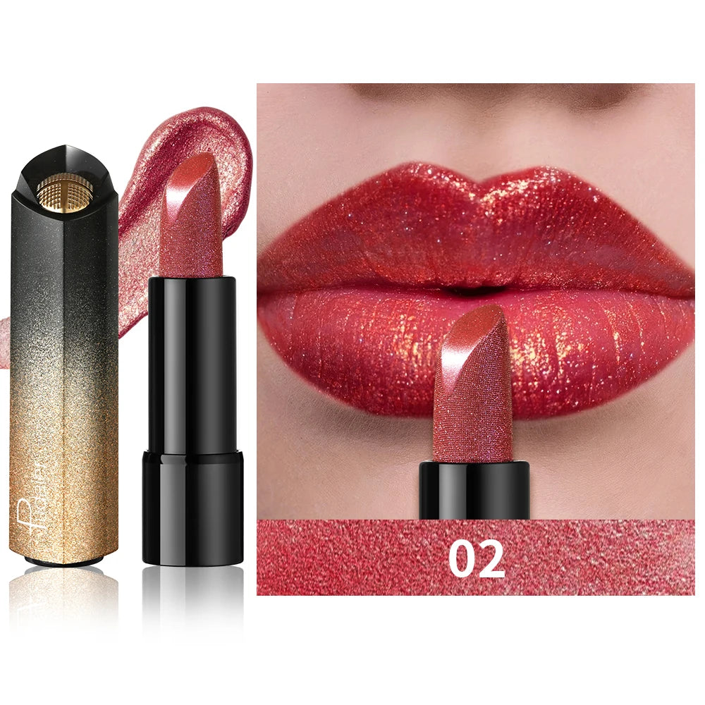 Pearly metallic lipstick with glitter shimmer finish, creamy texture, and high-pigment red color for party makeup.