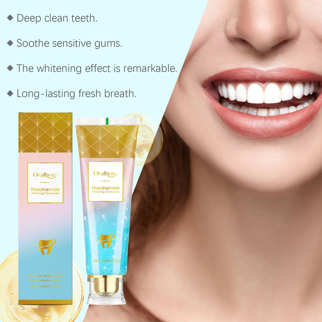 Tidesmit Niacinamide whitening toothpaste for deep stain removal, gum soothing, and refreshing breath oral care.