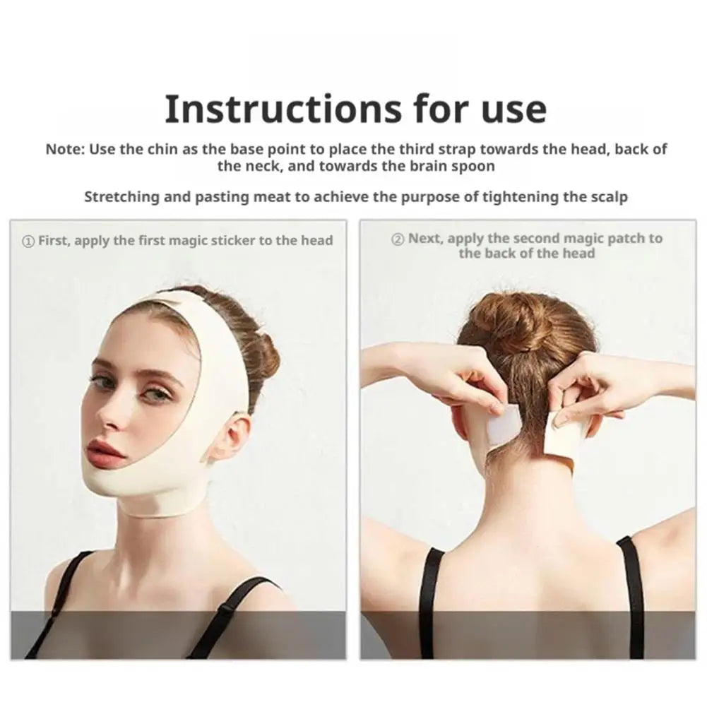 A woman wearing a beige, breathable V-line face slimming bandage with velcro straps shown in an instructional graphic.