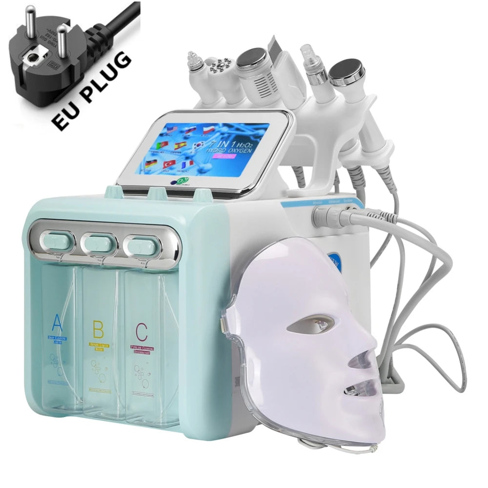 7-in-1 facial skin care machine with blue and white base, touch screen, multiple probes, and LED mask with EU plug.