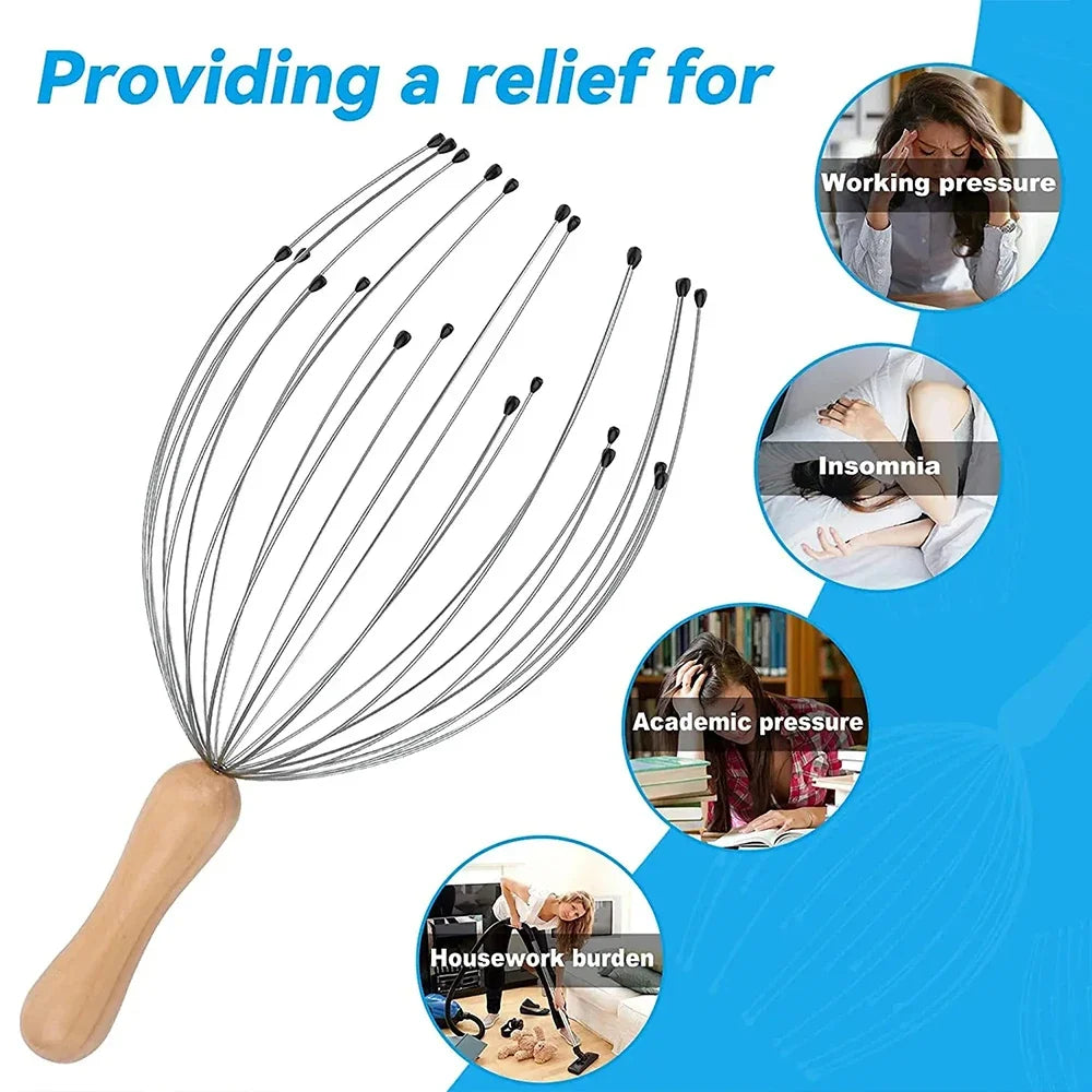 24-finger octopus scalp massager with wooden handle for stress relief, relaxation, and healthy hair care.
