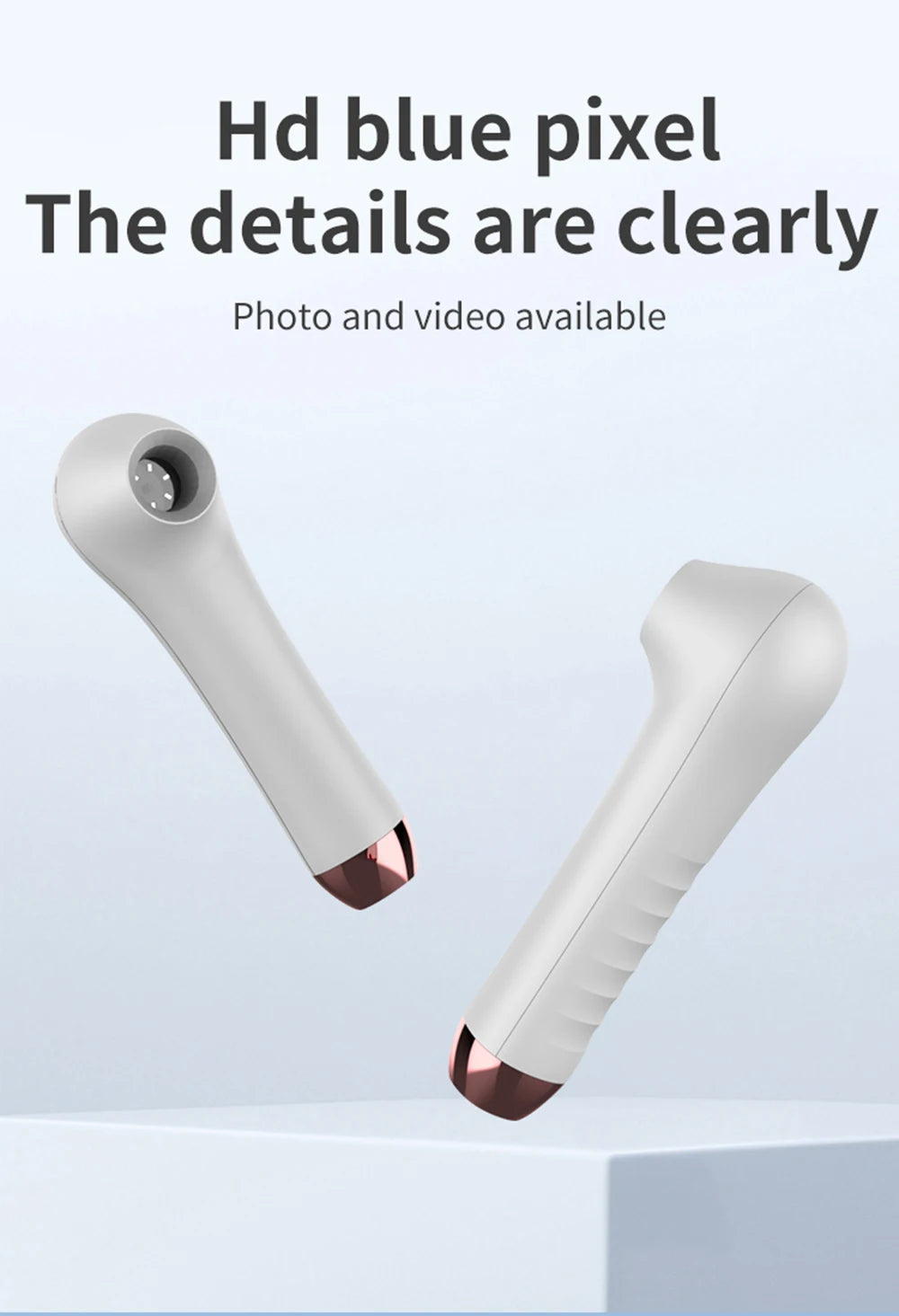 White and rose gold HD scalp and skin follicle detector tool for professional hair and facial analysis and testing.