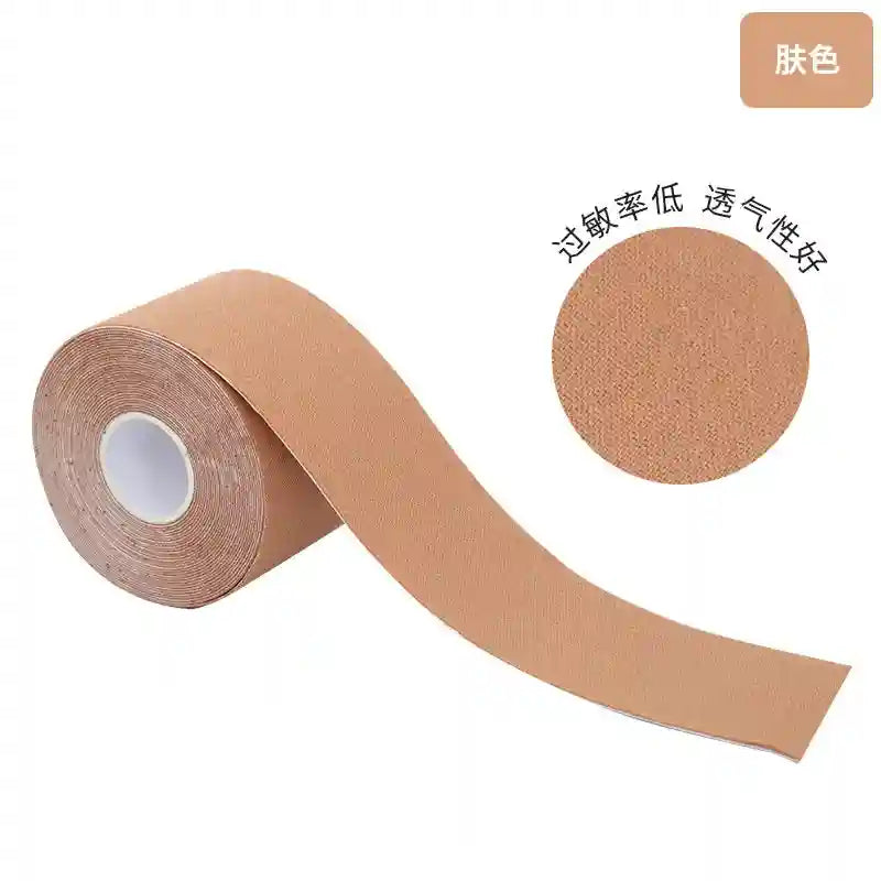 A roll of beige, elastic kinesiology facial lifting tape with a textured surface, shown with a zoomed-in detail circle.