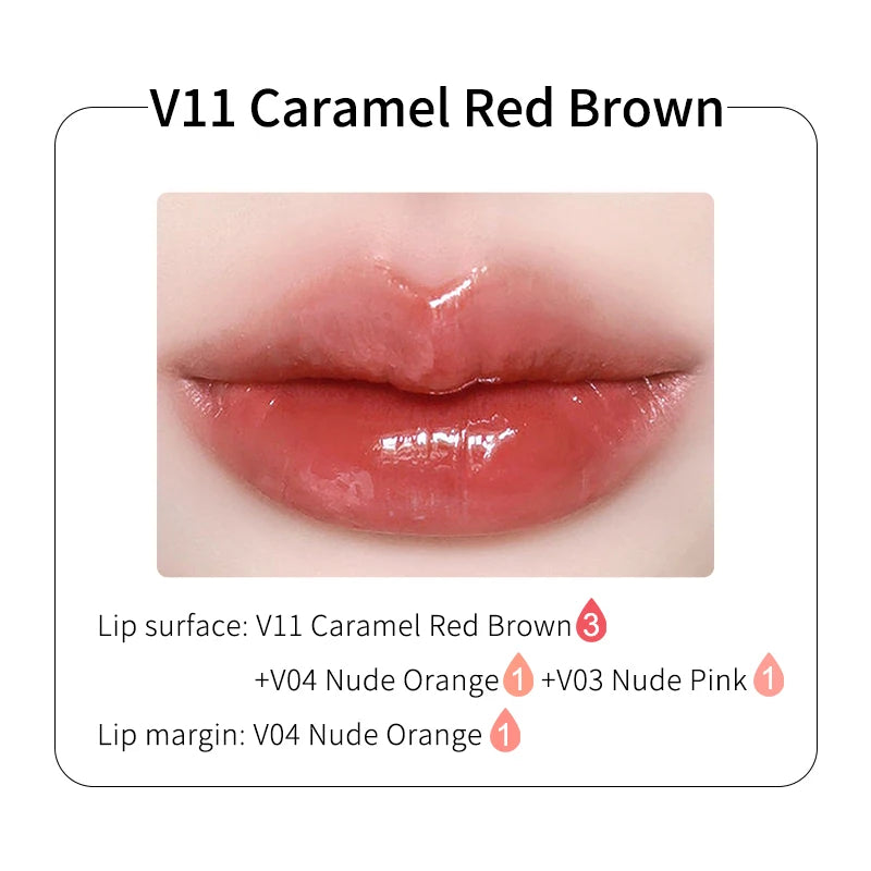 Glossy lips coated in V11 Caramel Red Brown lip tint, showing a natural, hydrated, and warm reddish-brown finish.