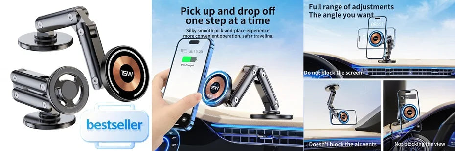 Magnetic wireless charging station with adjustable phone stand and circular charging pad, black