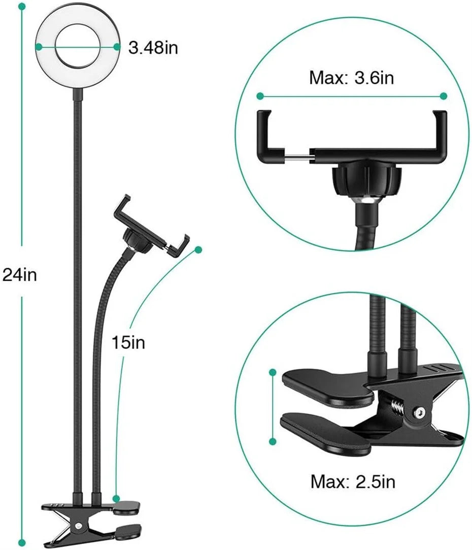 Black dual-arm desk stand with a circular ring light and phone holder, featuring a spring clamp base for mounting.