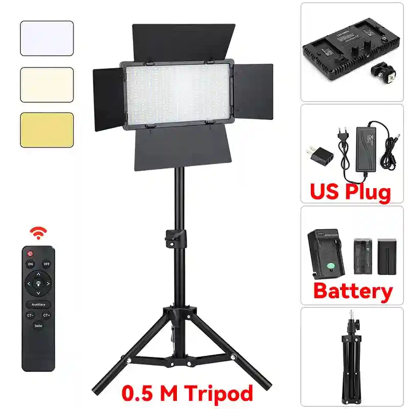 LED video light panel with adjustable barn doors, remote control, 0.5m tripod, power adapter, and batteries.