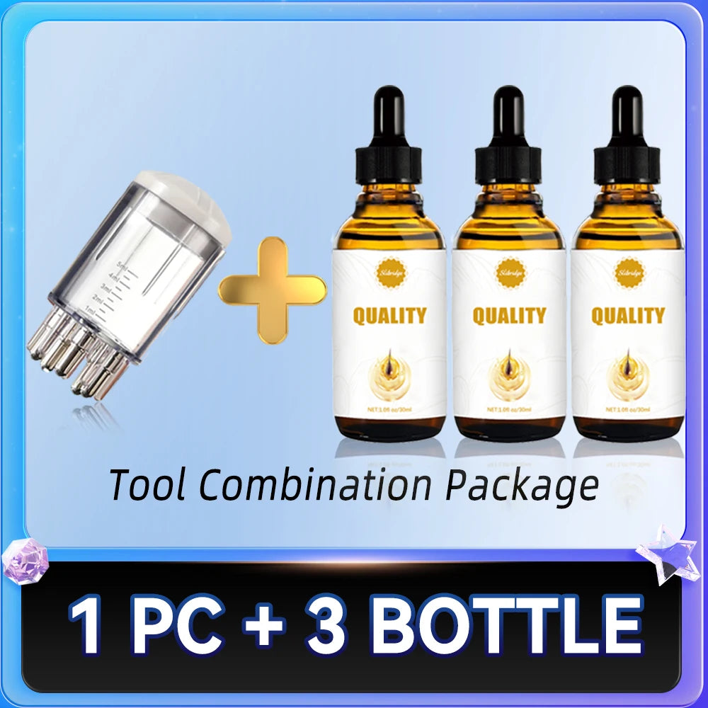 Portable Gen-2 scalp applicator comb with 3 bottles for hair loss treatment and liquid oil distribution.