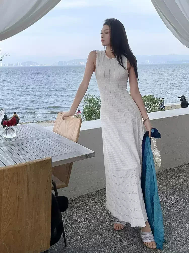 CHUJIE 2025 Summer 3-Piece French Style Set - Knit Maxi Dress + Sleeveless Top + Cover-Up, Pearl & Hollow Out, Viscose+Nylon