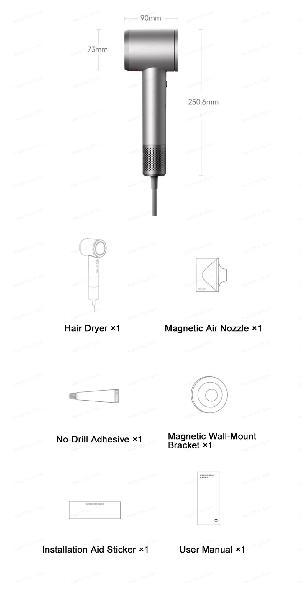 MIJIA High-Speed Hair Dryer Pro kit with silver dryer, magnetic nozzle, wall mount, and installation accessories.