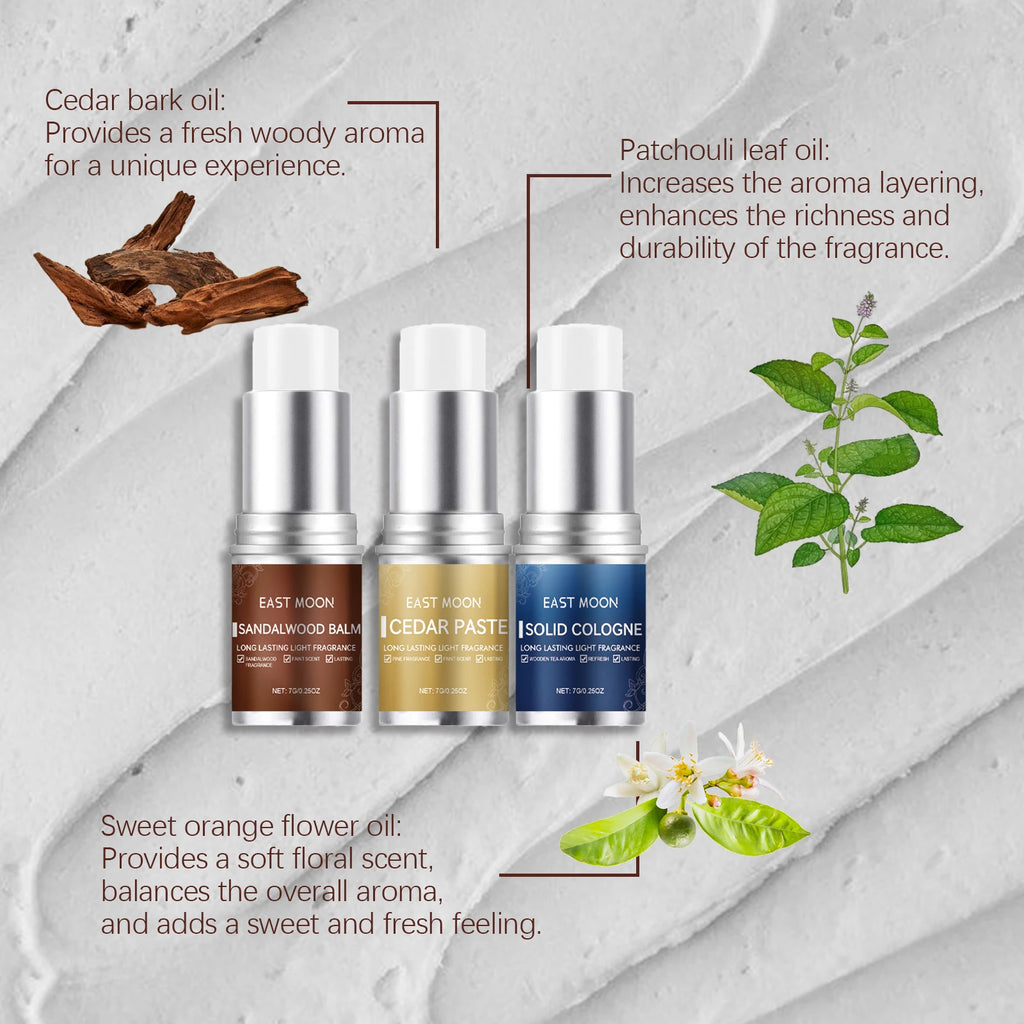 East Moon solid cologne for men: 3-pack woody balm with cedar, patchouli, and orange flower in portable stick tubes.