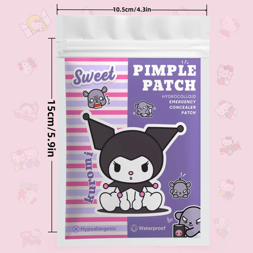 Hydrocolloid pimple patch pack with purple pouch and cartoon cat face graphic