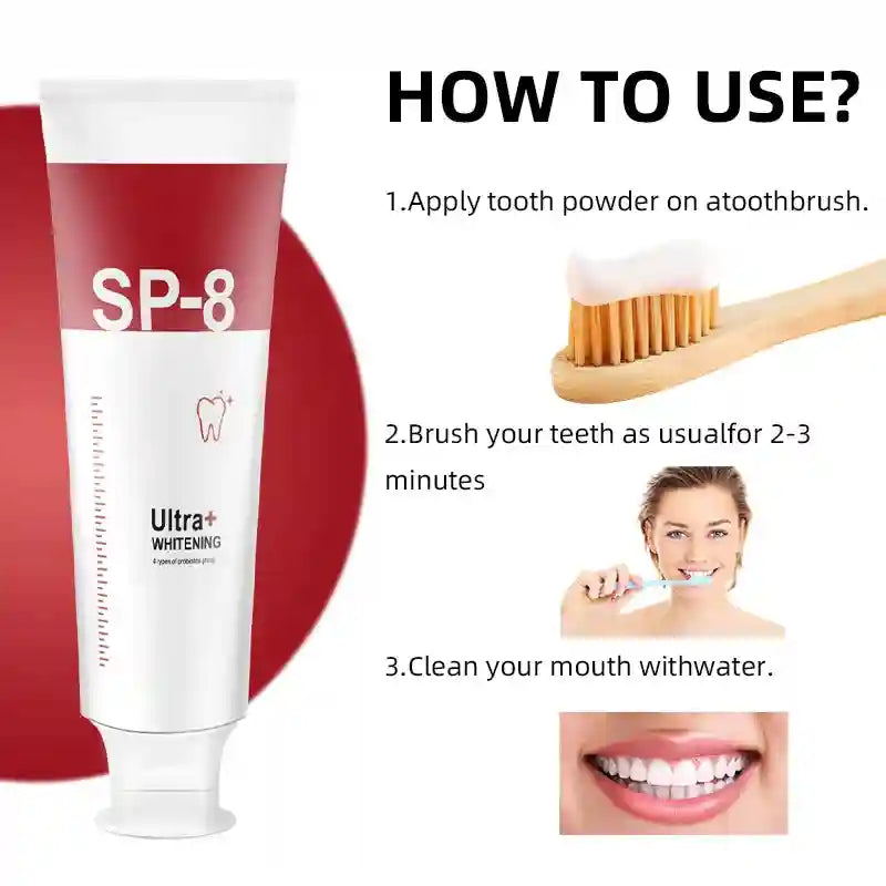 Tidesmit SP-8 Probiotic Toothpaste and Toothbrush set for teeth whitening, stain removal, and gum health.