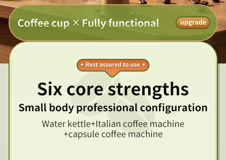 Compact multi-function coffee machine featuring kettle, Italian espresso, and capsule brewing capabilities.