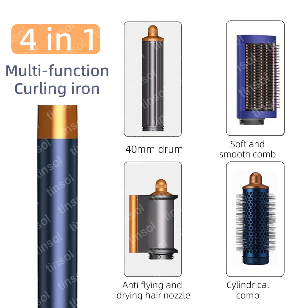 Blue and gold 4-in-1 hair dryer styling set with curling drum, smoothing brush, nozzle, and cylindrical volumizer.