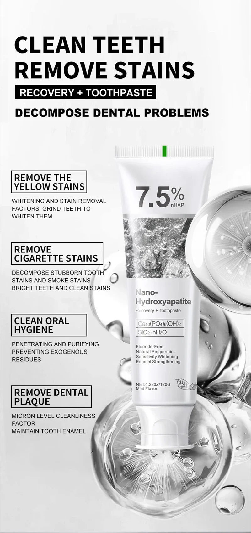 Tidesmit 7.5% Hydroxyphosphate teeth whitening toothpaste for stain removal and long-lasting fresh breath