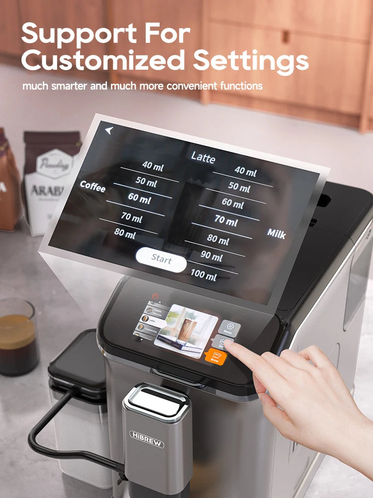 HiBrew silver espresso machine with touchscreen interface showing customizable coffee and milk volume settings.