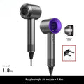 Grey ionic hair dryer with purple nozzle, 5-in-1 styling attachments, wall bracket, and 1.8m cord for professional use.