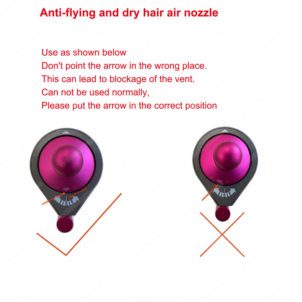 Pink hair dryer attachment alignment guide for Multil auto curling styler, showing correct nozzle position usage.