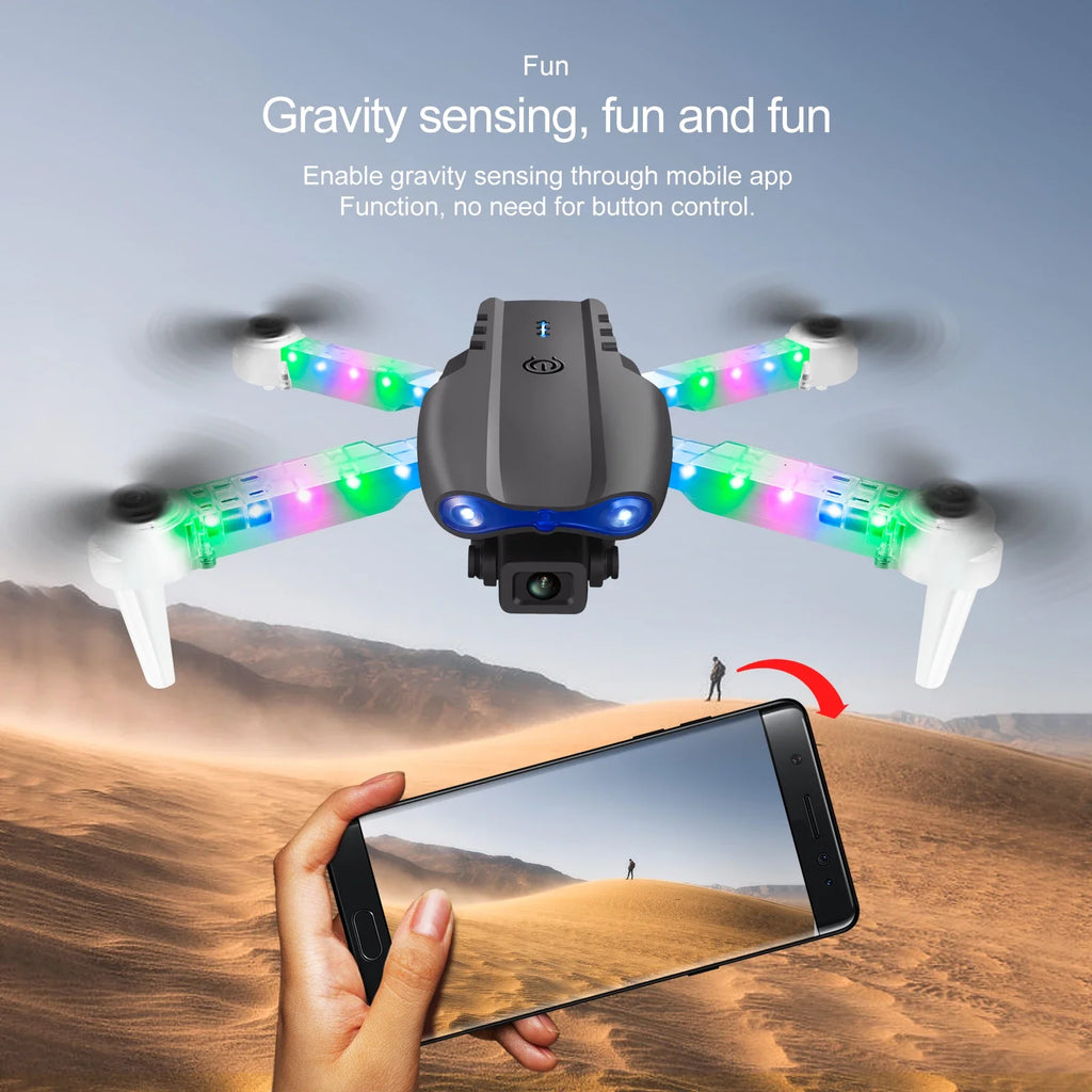 Gray camera drone with glowing multicolored LED arms, controlled by a smartphone app for gravity-sensing flight.