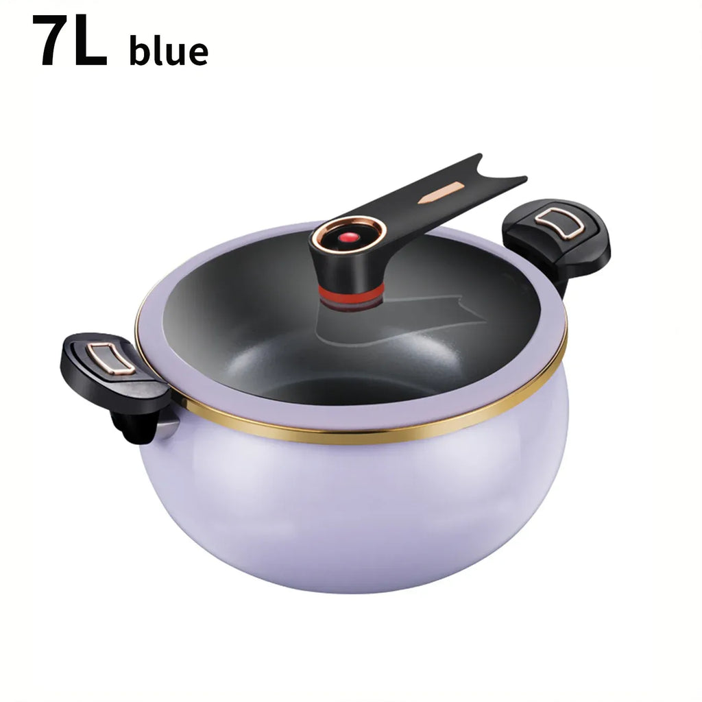 7L micro pressure cooker with blue pot and glass lid, gold rim, copper-accent control knob