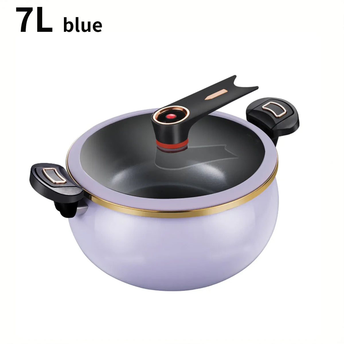 7L micro pressure cooker with blue pot and glass lid, gold rim, copper-accent control knob