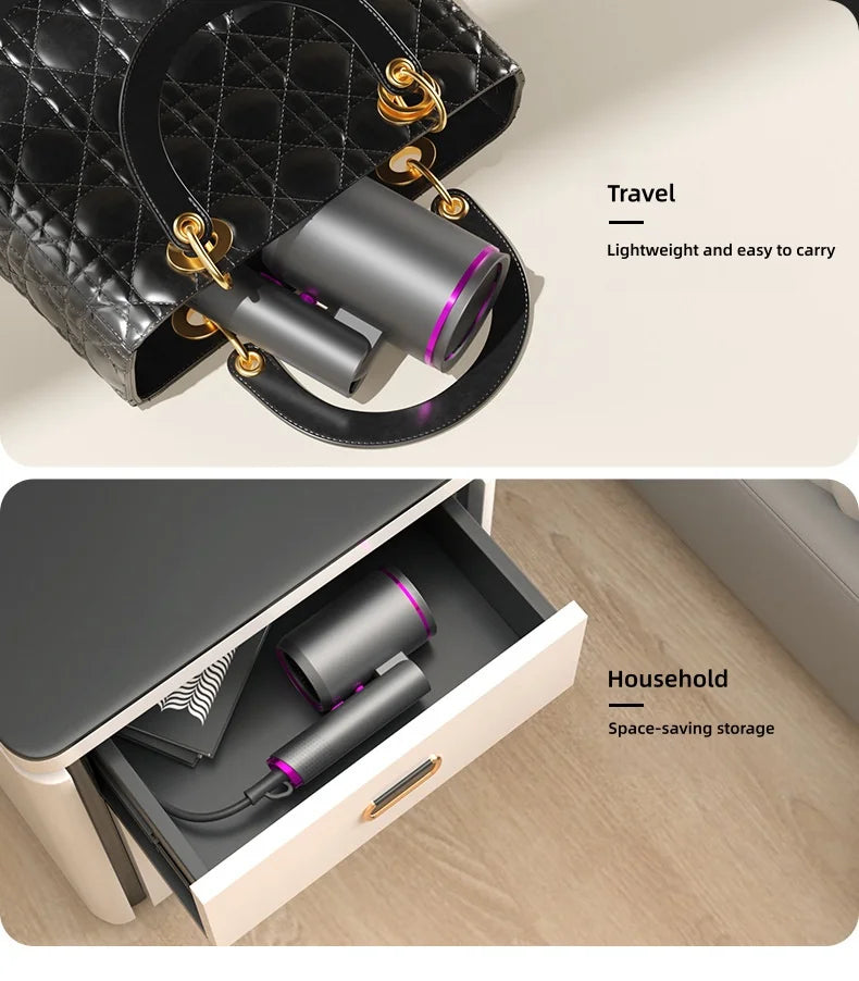 Portable 2400W foldable hair dryer in gray and purple, shown packed in a travel bag and a space-saving drawer.