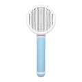 Blue and white self-cleaning slicker brush for dogs and cats to easily remove loose hair and detangle pet fur.
