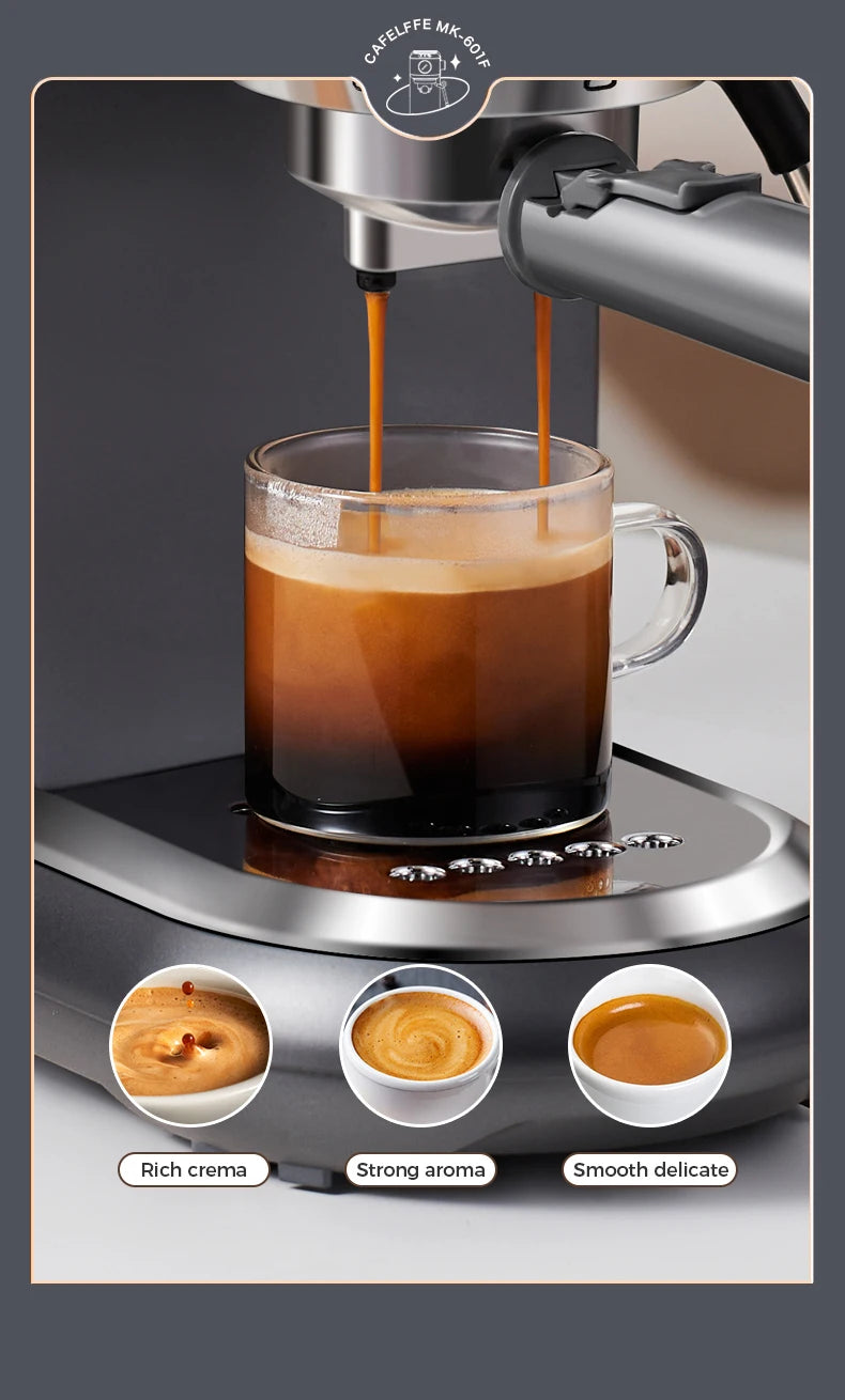 Cafelffe MK-601F espresso machine in dark gray metal pouring coffee into a glass cup with rich crema.
