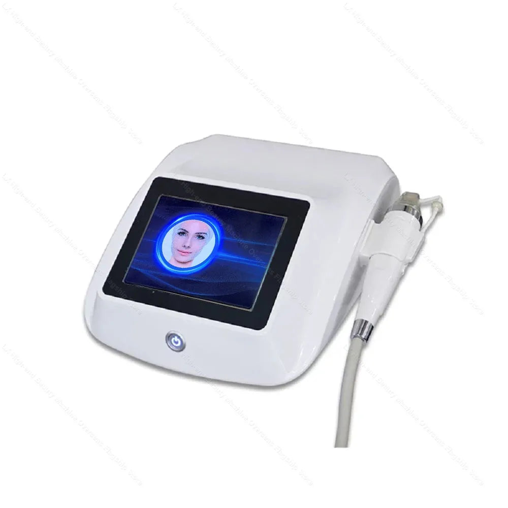 Portable white RF microneedle skin tightening machine with touchscreen for facial lifting and anti-wrinkle treatment.