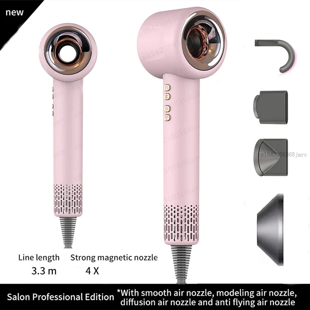 Pink 1600W leafless ionic hair dryer with 4 magnetic styling attachments for professional salon-quality hair care.