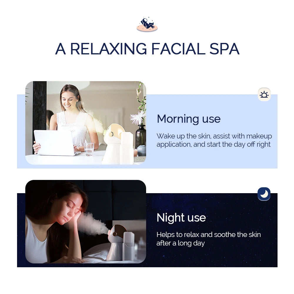 White and gold portable facial steamer emitting mist for morning or nighttime skin hydration and relaxation.