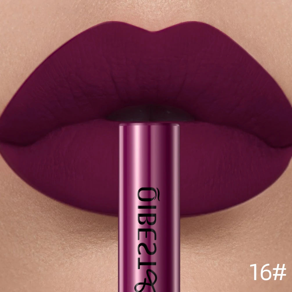 QIBEST velvet matte liquid lipstick in deep plum shade 16#, long-lasting nonstick lip makeup for a smooth finish.
