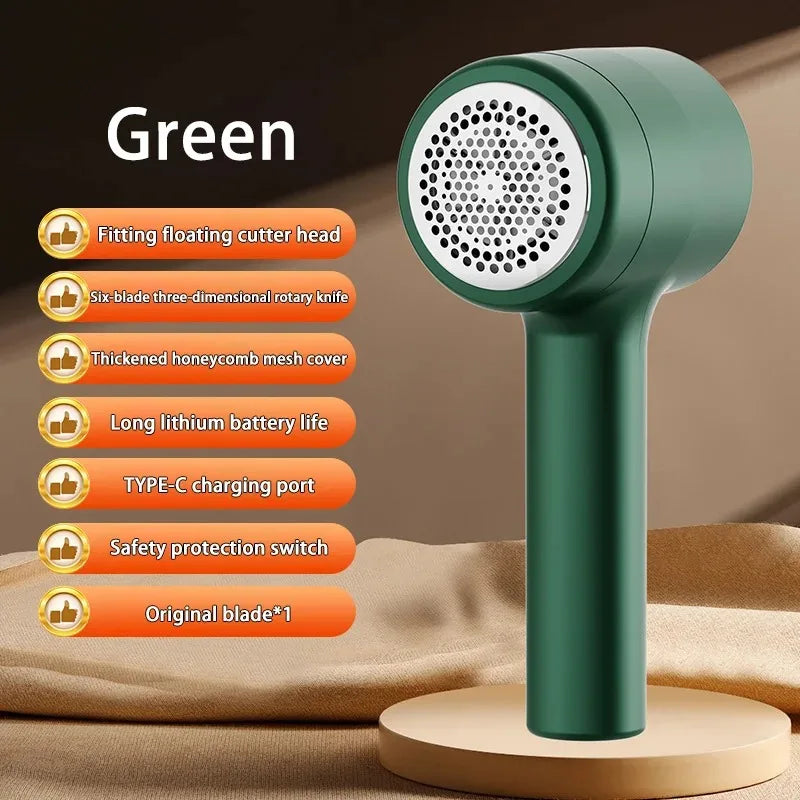 Rechargeable electric fabric shaver, green handheld unit with metal mesh cutter head