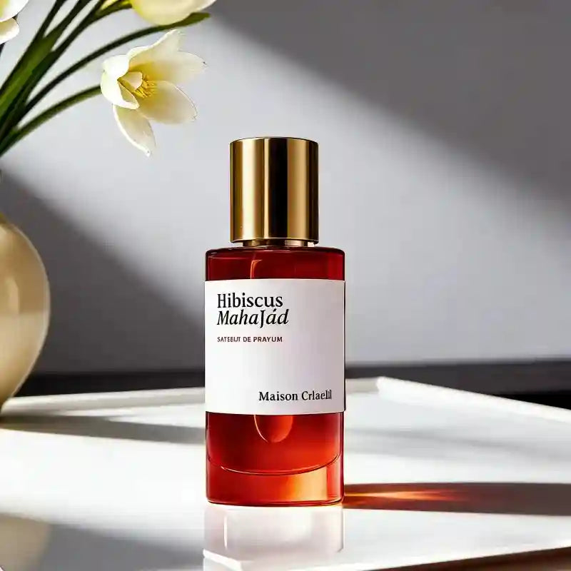 Maison Crlaell Hibiscus Mahajád EDP: Unisex 100ml amber bottle with gold cap. Exotic oud & passionfruit Arabic perfume.