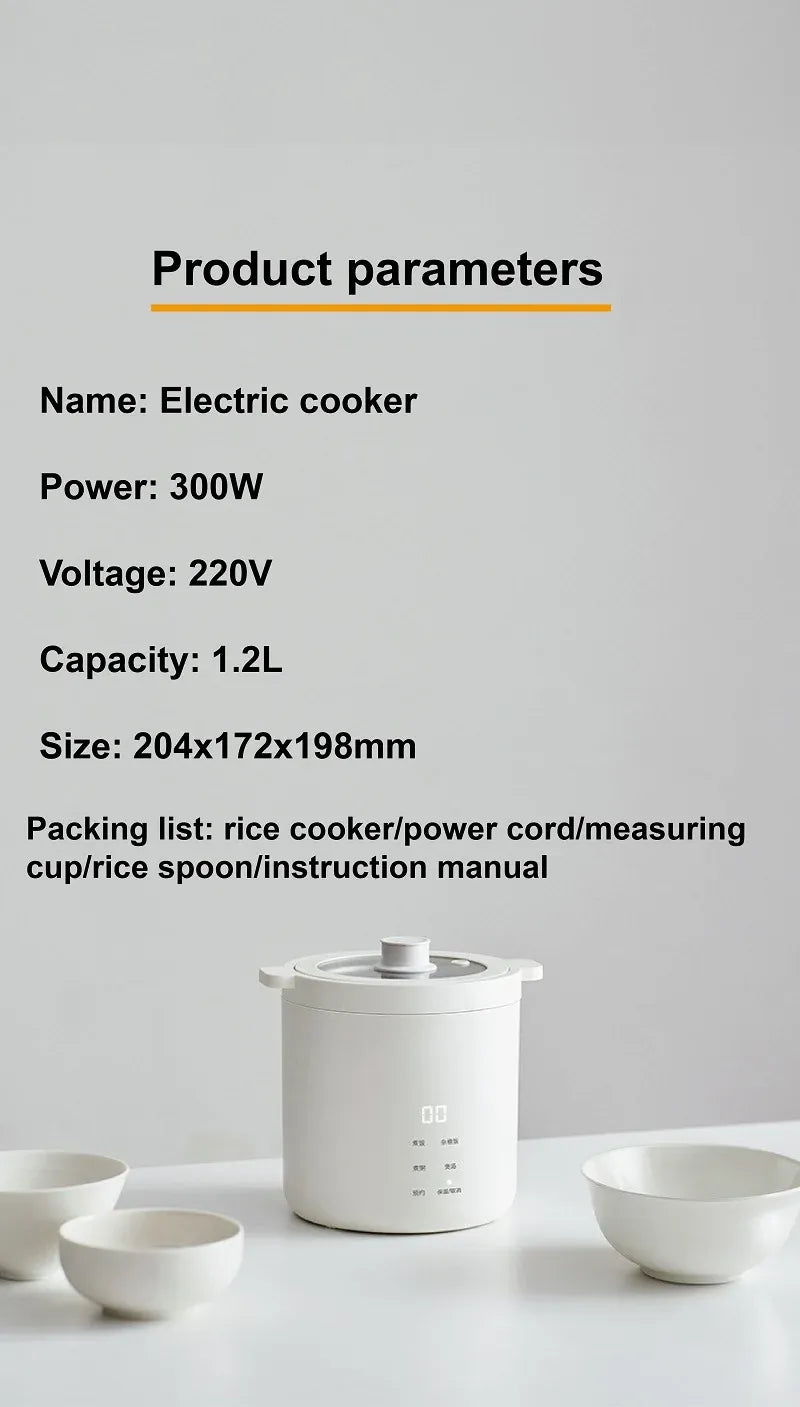 Smart white 1.2L electric rice cooker with lid and side measurement markings