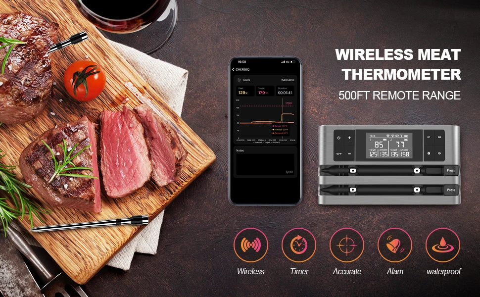 Wireless Meat Thermometer with Dual-Sensor Probe, Real-Time Ambient & Food Temperature Tracking for Precise Cooking Control