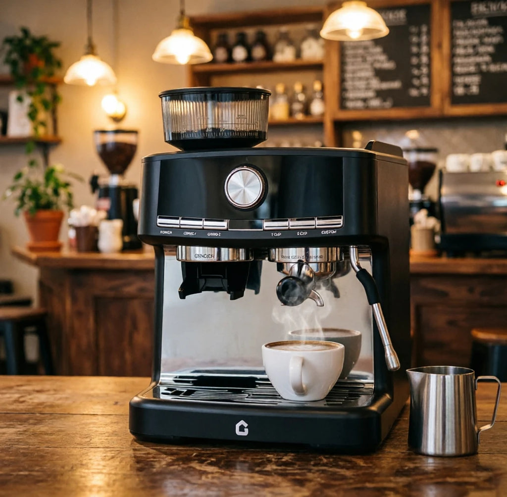 Gevi black espresso machine with integrated grinder, milk frother, and steam wand making coffee on a wooden table.