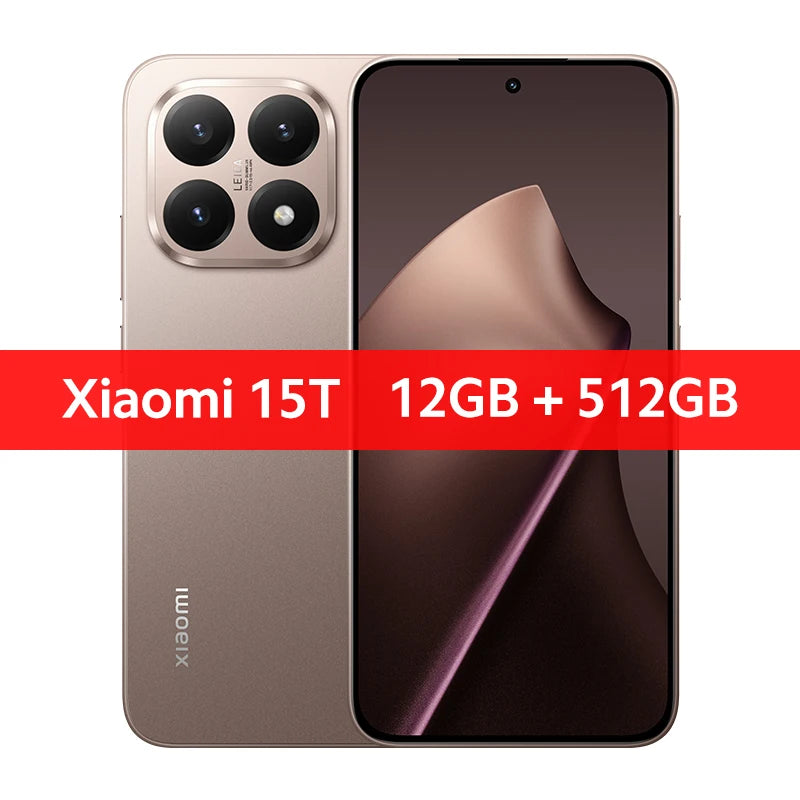 Xiaomi 15T gold smartphone, 50MP quad-camera, front and rear view, 12GB RAM, 512GB storage, 120Hz display.