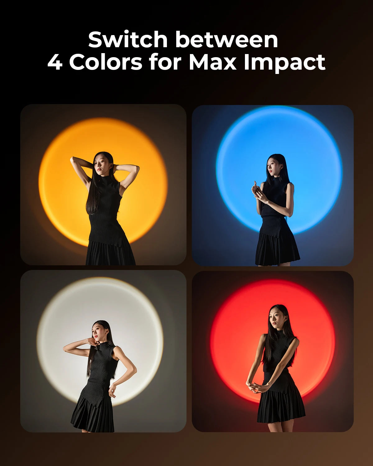 Sunset projection lamp casting large circular glows of yellow, blue, white, and red light behind a posing woman.