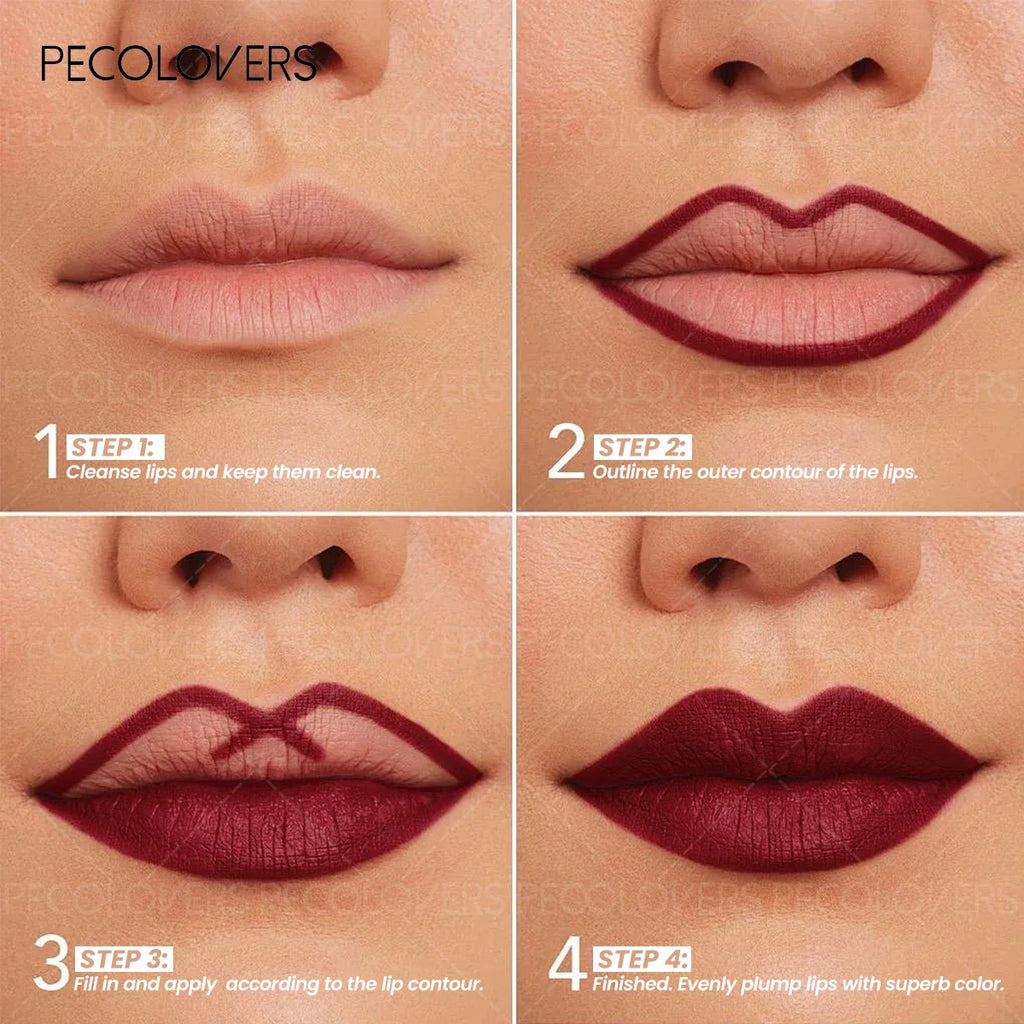 Long-lasting waterproof matte lip liner tutorial showing deep berry-brown lip application steps for defined, plump lips.