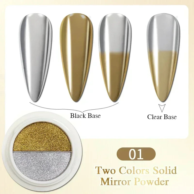 Two-color gold and silver solid mirror nail powder in a circular container, shown with color samples on nail tips.