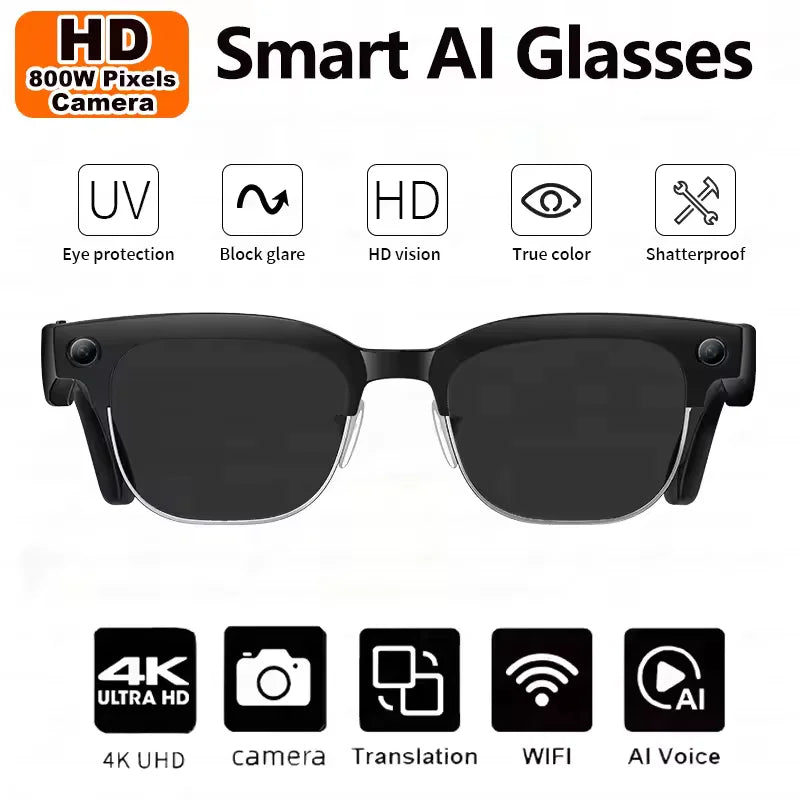 AI Smart Glasses with 4K Camera, Bluetooth, and Spatial Audio - Tidesmit Black sunglasses Tidesmit